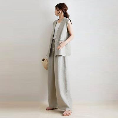 セットアップ レディース ワイドパンツ タンクトップノースリーブ バックスリット ブラウス ロングパンツ 無袖 トップス 2点セット 夏 春 秋 さらりと心地よい 涼やか 着痩せ シンプル カジュアル 上品 レイヤード風 女性らしい