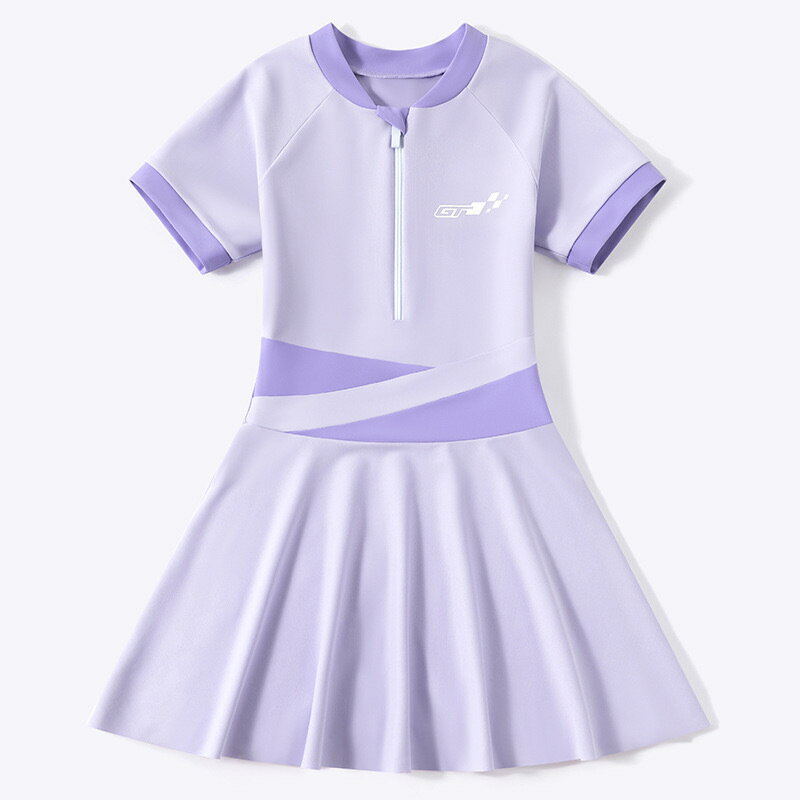 キッズ 女の子水着 ロゴ ウエストマーク ワンピース スカート ボクサータイプ 子供 水着 ジッパー 半袖 かわいい おしゃれ 水泳 スイムウェア スイミング 半袖 幼稚園 小学校 プール 海 UV対策 日焼け防止 スポーティー 前開き パープル シェルピンク ネイビー