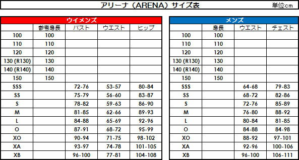 アリーナ（ARENA）サイズ表