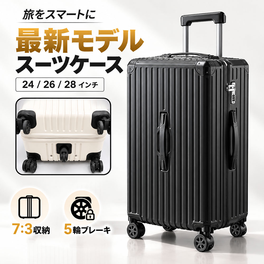 商品詳細: ■商品説明 7:3大容量収納｜従来の5:5と違う深型設計で荷造り簡単 進化5輪キャスター｜4輪ストッパー＋中央補助輪、360°スムーズ走行 使いやすい機能｜多段階キャリーバー・補助ハンドル・ダイヤルロック・補強コーナー 3サイズ展開｜24/26/28インチ、出張・旅行・帰省に対応 ■素材 ABS、その他 ■キーワード スーツケース キャリーケース キャリーバッグ 旅行 出張 国内旅行 海外旅行 修学旅行 卒業旅行 ビジネス 旅行用品 旅行グッズ 機内持ち込み USBポート USB充電 大容量 軽量 静音 頑丈 丈夫 収納力 深型収納 仕分け収納 収納ポケット メッシュポケット ブレーキ ストッパー ストッパー付き 360度回転 多段階調節 伸縮ハンドル ファスナータイプ 20インチ 22インチ 24インチ 26インチ 28インチ おしゃれ