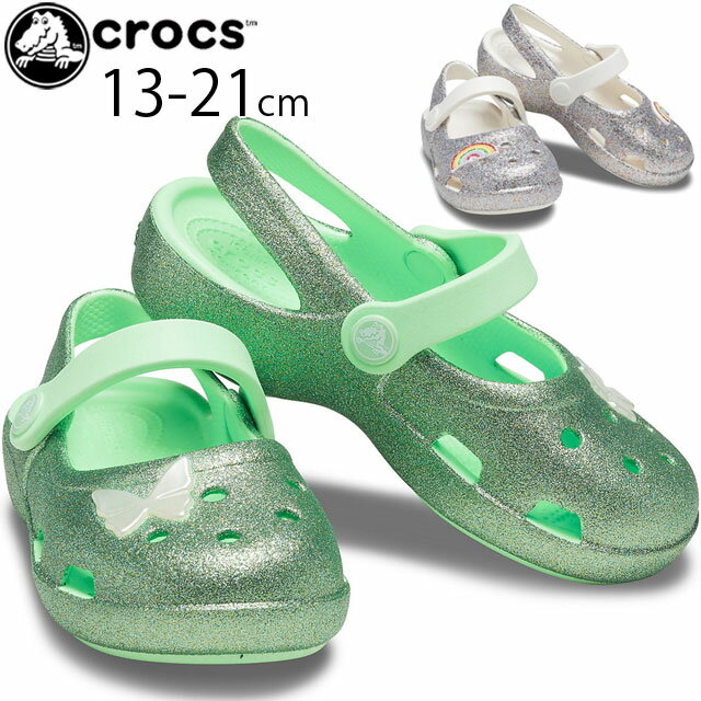 【あす楽】クロックス crocs 女の子 子供靴 ベビー キッズ ジュニア サンダル クラシック グリッターチャーム メリージェーン k カジュアル フラットシューズ 靴 ネオミント レインボー 206370 evid |2