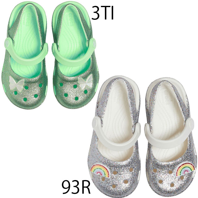 【あす楽】クロックス crocs 女の子 子供靴 ベビー キッズ ジュニア サンダル クラシック グリッターチャーム メリージェーン k カジュアル フラットシューズ 靴 ネオミント レインボー 206370 evid |2