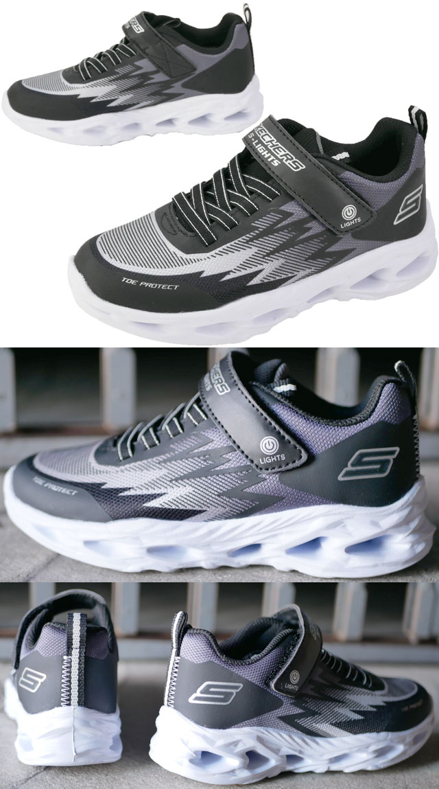 【あす楽】スケッチャーズ SKECHERS 光る靴 スニーカー キッズ ジュニア ライトアップシューズ Sライツ-VORTEX-FLASH-ZORENT 男の子 子供靴 ブラック/グレー 黒 スイッチ付き ベルクロ 400600L 【送料無料】 evid |5