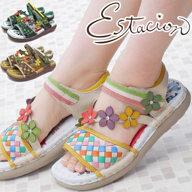 ＼最大500円クーポン有／エスタシオン レディース サンダル 疲れない フラワーモチーフ 履きやすい ストラップサンダル ベルクロ 痛くない レザーサンダル 歩きやすい カジュアルシューズ 本革 TGE455 靴 アイボリー/マルチ ネイビー/マルチ ブラウン/マルチ 送料無料