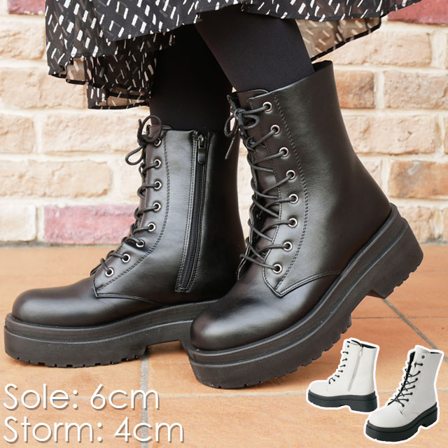\最大1000円クーポン有/送料無料 レディース 厚底ブーツ レースアップブーツ 編み上げブーツ チャンキー 靴 2696 ミドルブーツ ブラック アイボリー ...