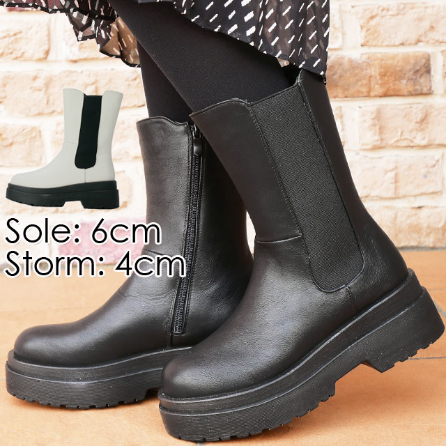 \最大1000円クーポン有/レディース 厚底ブーツ サイドゴアブーツ チェルシーブーツ チャンキー 靴 2697-3 ミドルブーツ ブラック アイボリー カジュ...