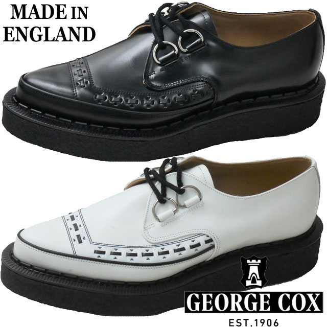 ■商品説明 ジョージコックス GEORGE　COX メンズ ラバーソール 031(WHITE) 040(BLACK) ジョージコックス社は、1906年、創業者ジョージ・ジェイムス・コックスによって イギリスノーザンプトンに設立されました。 名立たるパンクスやロックミュージシャン、デザイナー達に愛用されながら、 様々な時代背景のなかでカルチャーを彩ったヒストリカルなブランド、 George Cox（ジョージコックス）は、今もなお、若者の心を魅了して離しません。 こちらは つま先のとがったインパクトあるモデル。 つま先にフラットインターレースを施しています。 ソールの高さ：約3.5cm 【検索用キーワード】 26cm 26.0cm 27cm 27.0cm 28cm 28.0cm 26センチ 26.0センチ 27センチ 27.0センチ 28センチ 28.0センチ 26cm 26．0cm 27cm 27．0cm 28cm 28．0cm 26センチ 26．0センチ 27センチ 27．0センチ 28センチ 28．0センチ タウンユース 街履き ギフト プレゼント 贈り物 誕生日 バースデー クリスマス バレンタイン ホワイトデー パンク パンキッシュ ホワイト シロ 白 クロ ブラック 黒 お出掛け 英国製 D環 インターレース ■サイズ選びにお悩みの方　サイズ目安 こちらの靴の場合 　UK8(約27.0cm)が丁度いいサイズでした。 ■サイズ目安について■ 目安として当店スタッフが着用した感じでの値です。 足のサイズが同じでも、骨格や肉付きで 最適な靴サイズが異なったり、『丁度良い』と感じるサイズに 個人差があるためあくまでも目安としてご利用ください。 ■素材 アッパー：スムースレザー ソール：ラバーソール ■商品カテゴリ GEORGE　COX　ジョージコックス はこちら メンズ カジュアル はこちら メーカー希望小売価格はメーカーカタログに基づいて掲載しています QQQQC　　「HU」ジョージコックス GEORGE　COX ジョージコックス社は、1906年、創業者ジョージ・ジェイムス・コックスによって イギリスノーザンプトンに設立されました。 名立たるパンクスやロックミュージシャン、デザイナー達に愛用されながら、 様々な時代背景のなかでカルチャーを彩ったヒストリカルなブランド、 George Cox（ジョージコックス）は、今もなお、若者の心を魅了して離しません。 こちらは つま先のとがったインパクトあるモデル。 つま先にフラットインターレースを施しています。 ■商品カテゴリ GEORGE　COX　ジョージコックス はこちら メンズ カジュアル はこちら