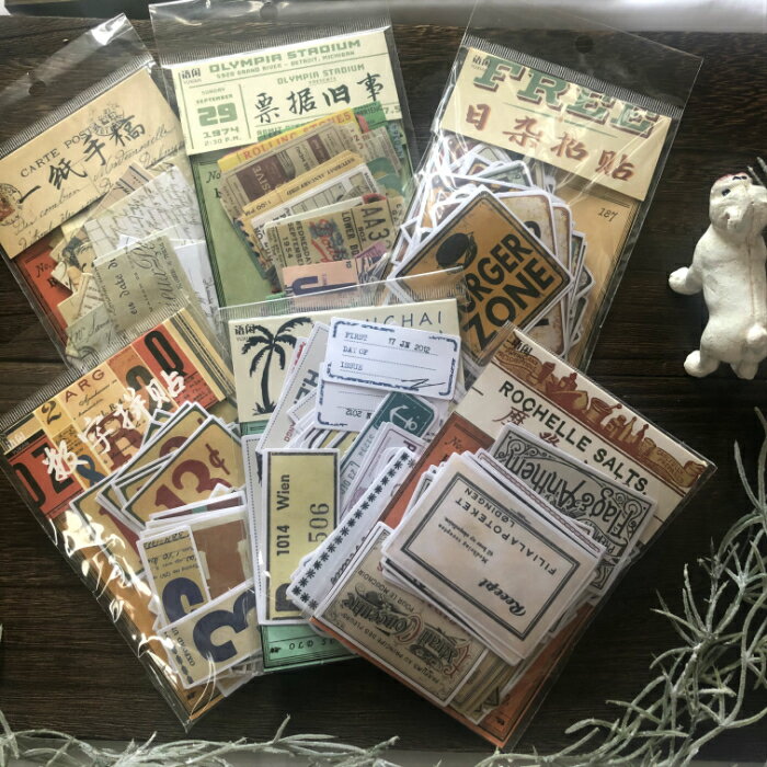 海外製 シール ヴィンテージデザインステッカー (s41) 30柄60枚入り 外国 パッケージ フライヤー 看板 スタンプ 数字 ナンバー チケット タグ 英字...