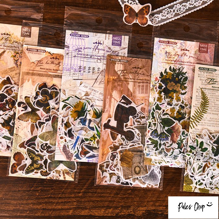 MISSTIMESTICKERPACK シール (s62)60枚入 フレークシール ステッカー 和紙 マステ素材 おしゃれ レトロ ヴィンテージ お花 花　植物 蝶 葉 ユーカリ 鳥 動物 ウサギ ネコ イヌ 猫 犬 手帳 デコ コラージュ アレンジ ジャンクジャーナル スマホ DIY 文具女子