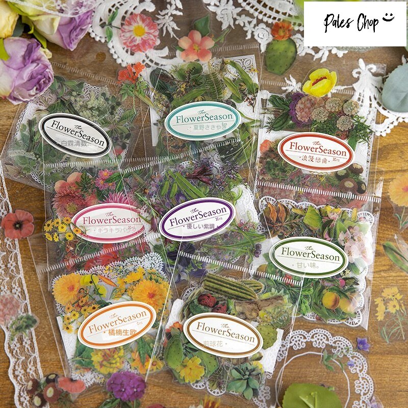 FlowerSeaso シール n(s97)30枚入 フレークシール ステッカー クリア レース 植物 お花 葉 フレーム リ..