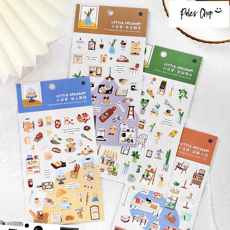 LITTLEORDINARY(s254)4枚セット シール ステッカー 手描き風 かわいい 手帳用 小さめ インテリア パン パン屋 雑貨 ショッピング ランチ カフェ お花 観葉植物 サボテン ショップ 手帳 デコ アレンジ スマホ ジャーナル スケジュール帳 文具女子