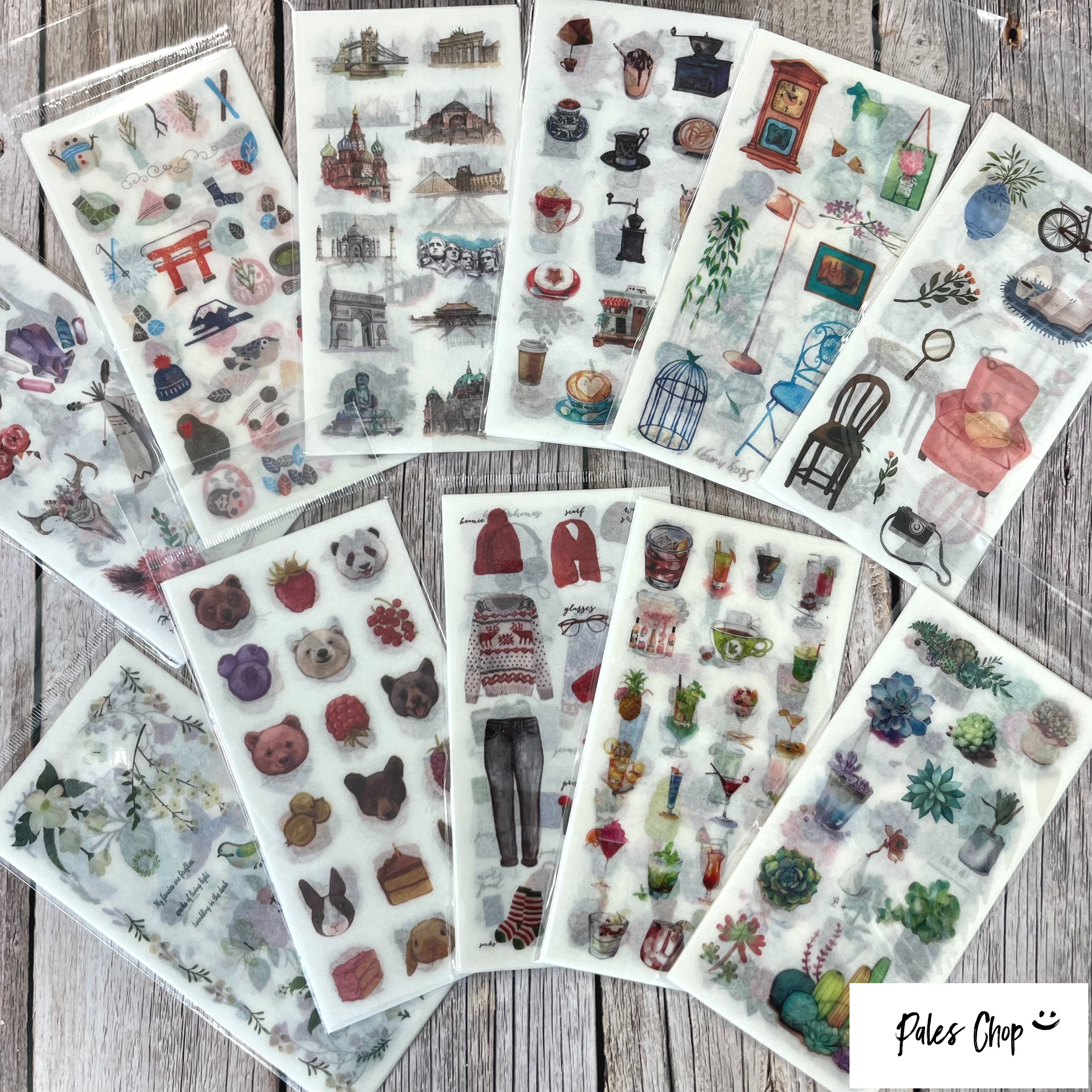 pocketaccount シール (s263)6枚入 たくさん ステッカー シート 和紙 マステ かわいい おしゃれ ファッション インテリア カフェ コーヒー 花 植物 動物 カクテル ジュース 和 和風 和柄 世界遺産 手帳 デコ コラージュ アレンジ スマホ ジャンクジャーナル