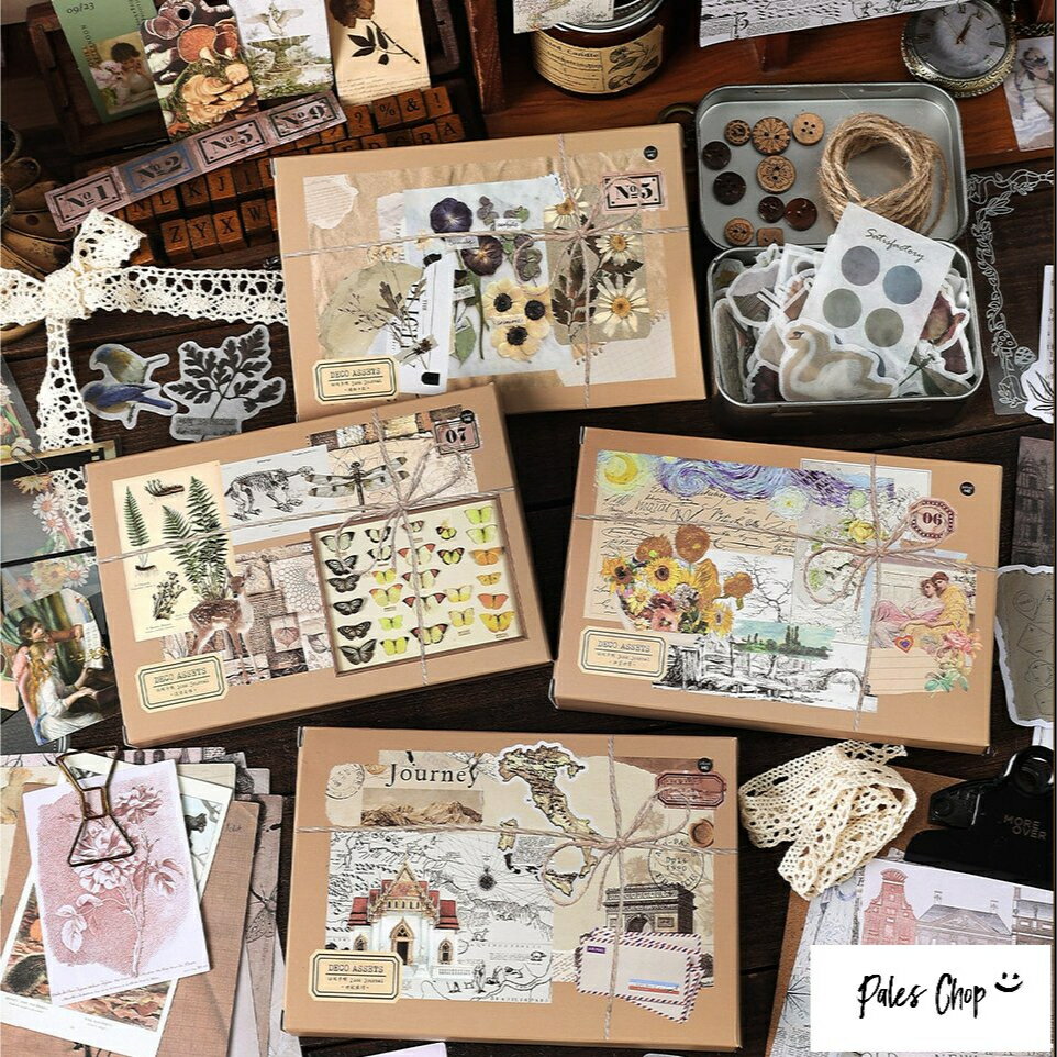 DECOASSET(k2)160枚入 素材セット シール ステッカー 素材紙 大容量 たくさん デザインペーパー 海外ペーパー ヴィンテージ レトロ アンティー...