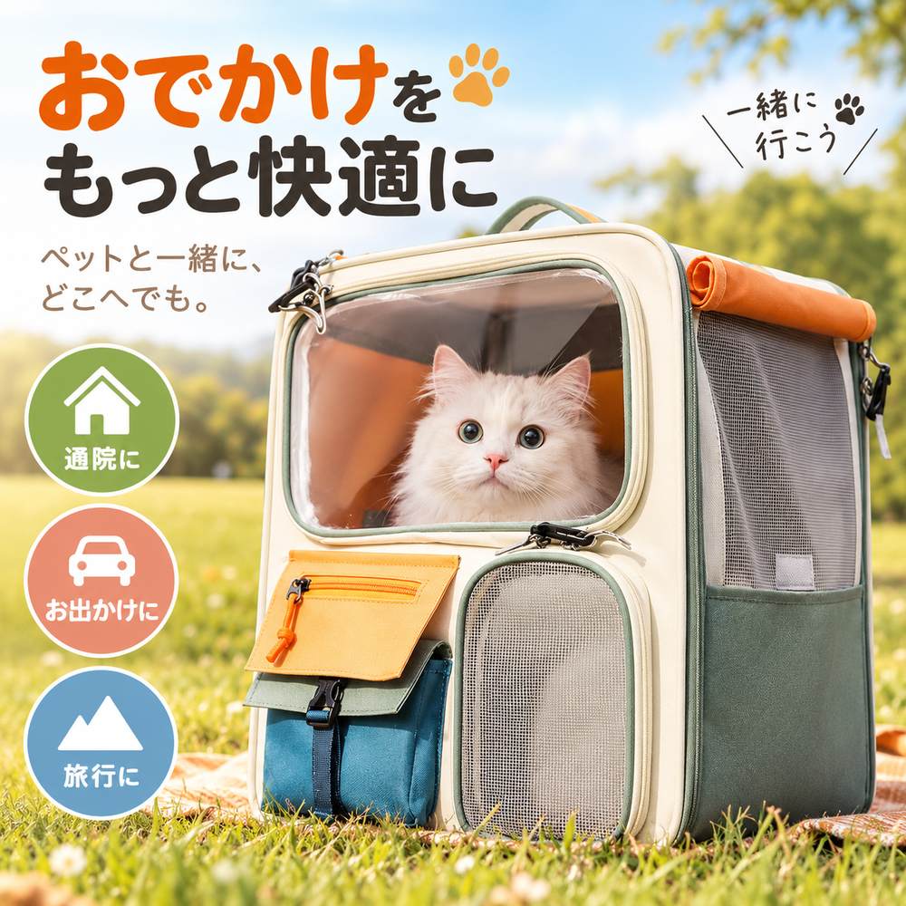 大切なペットとのお出かけを、もっと快適に。 背負って使えるリュックタイプと、キャスターで移動できるキャリータイプの2WAY仕様。 通院や日常のお出かけはもちろん、旅行や長時間の移動にも便利なペットキャリーバッグです。 【おすすめポイント】 ・リュック＆キャリーの2WAY仕様 ・360°回転キャスターでスムーズに移動 ・通気性に配慮したメッシュ仕様 ・ペットの様子を確認しやすい大きな窓 ・小窓からおやつやお水をあげやすい ・底板は取り外し可能でお手入れ簡単 ・持ち運びやすいハンドル付き ・猫、小型犬などのお出かけにおすすめ 【サイズ】 バッグ：約 幅37×奥行27×高さ42cm キャスター台：約 幅36×奥行30cm キャスター部：約8cm キャリーバー：約47～91cm 【カラー】 グリーン カーキ 通院・お出かけ・旅行など、さまざまなシーンで活躍。 大切なペットとの移動時間を、もっとラクに、もっと快適に。＼ペットとのお出かけをもっと快適に／ 背負えるリュックスタイルと、キャスターでラクに移動できるキャリースタイルを1つに。 荷物が多い時や長距離の移動ではキャスターを使ってラクラク。 シーンに合わせて使い分けできる便利な2WAY仕様です。 通気性に配慮したメッシュ部分を採用し、ペットの様子も確認しやすい設計。 給餌用の小窓から、おやつやお水をあげることもできます。 通院や普段のお出かけ、旅行など幅広いシーンにおすすめ。 大切なペットと一緒に、 もっと気軽に、もっと楽しくお出かけしませんか♪