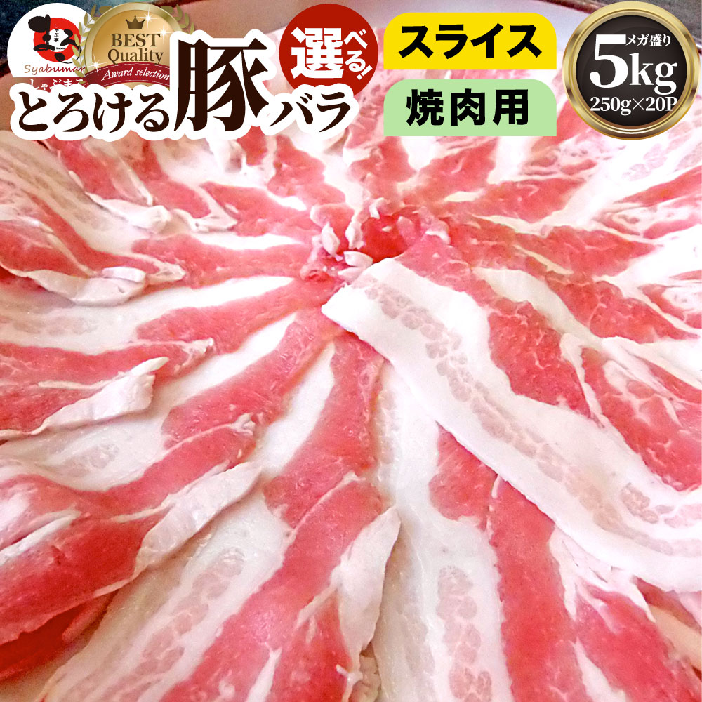 冷凍便でお届け豚バラ肉 5kg スライスor焼肉用 250g 20パック小分けで便利 豚肉 焼肉 スライス バラ 冷凍 小分け 便利送料無料 バーベキュー 肉 食材 セット