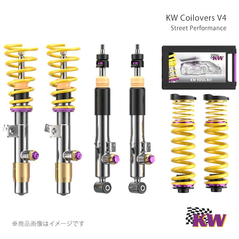 ■メーカーKW/カーヴェー■商品名V4■シリーズStreet Performance/ストリートパフォーマンス■自動車メーカーBMW■車種M3■型式F80(M3/M3 GTS)■年式04/14-■モデルM3 CS 含む■車種備考電子制御式ダンパー付■許容耐荷重Front-990■許容耐荷重Rear-1170■減衰力調整伸(16)/縮(L6/H14)■トップマウント純正または付属■ダウン量Front15-40■ダウン量Rear15-40■商品説明最先端のレーステクノロジーをストリートに応用した減衰力3way調整式サスペンション(伸び側・縮み側低速域・縮み側高速域)KW Version-4 車高調キットは、アウディ R8(42)、RS6(C7)、BMW M5(F10)、ランボルギーニ アベンタドール LP750-4 SV、ダッジチャージャー SRT ヘルキャットなど、トップクラスのスーパースポーツカー、ハイパフォーマンスセダンのために、最先端のレーステクノロジーと日常での実用性を融合させたハイエンドモデルです。伸び側の減衰力と縮み側の低速域、高速域の減衰力をそれぞれ独立して調整できます。必要に応じてダンパーに組み込まれたアジャスターを調整するだけで、その車両が持つ本来の快適性を最大限に引き出すことが可能です。16段調整の伸び側減衰力は、乗り心地を良くしたり、ハンドリングを向上させたりすることができます。さらに、ステアリングレスポンスや車両の運動性能に重要な影響を与える縮み側の減衰力は、ダンパースピードが低速域では6段、高速域では14段に、サブタンクに組み込まれたアジャスターでそれぞれ独立して調整が可能です。＊ネジ式車高調＊キャンバー調整付きフロントトップマウント付属(※一部車種を除く)＊減衰力3way調整式 伸び側16段/縮み側(低速域)6段/縮み側(高速域)14段＊スーパースポーツカー向けに開発＆セッティングした専用設計＊ニュルブルクリンク24時間レースで培ったテクノロジーをそのまま踏襲■備考フロントストラットネジ式車高調、リアは、ショックとスプリング単体。（リア車高調式）縮み側の減衰力はアジャストメントダイアルによって簡単に調整可能です。伸び側はピストンロッドの先端からのみ調整可能です。純正の電子制御式ダンパーは付属のキャンセラーを使用し、キャンセルする必要があります。■納期メーカー取り寄せ品の為、通常即日〜4営業日以内に発送致します。■ご注文時注意事項 ※ ご注文前に必ずご確認下さい お急ぎの場合はご購入前に納期確認をお願い致します。 納期について ＊メーカー在庫が欠品の場合、改めて納期をご連絡致します。 ＊メーカーにて予告無く廃番、仕様変更になっている場合があります。 返品・キャンセルに関して ＊お客様都合による返品・キャンセル・商品の変更は一切お受けしておりません。 ＊在庫・納期・適合未確認でご購入された商品のキャンセルは一切お受けしておりません。 ＊代引きで納期が半年以上の商品をご注文の場合はキャンセルさせていただきます。別の決済方法でご注文下さい。