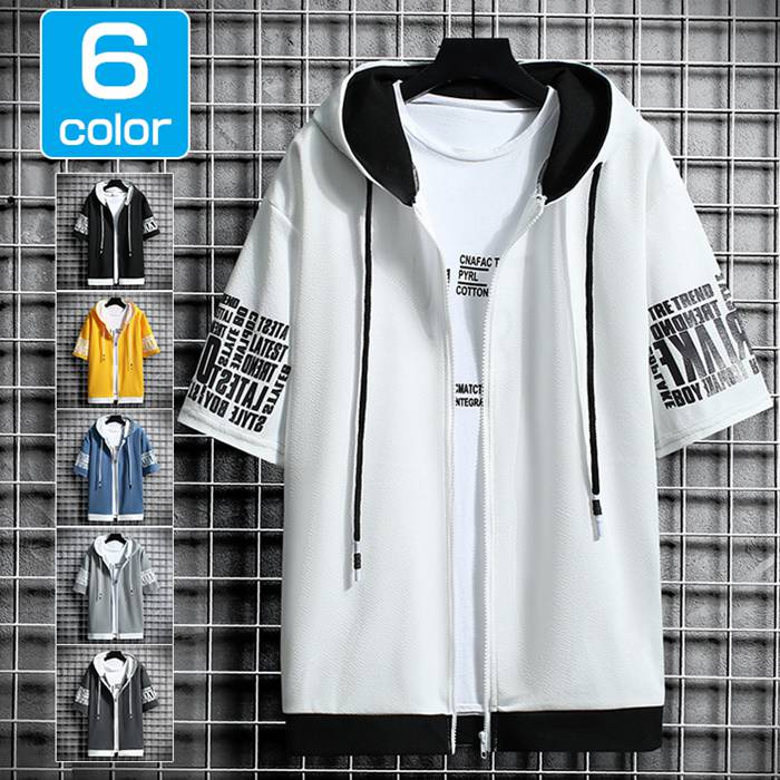 パーカー 切り替え 半袖パーカー ジップアップ メンズ パーカ トップス プリント 肌触り フード付き 半袖 文字 運動着 部屋着 ルームウェア スポーツウェア メンズファッション