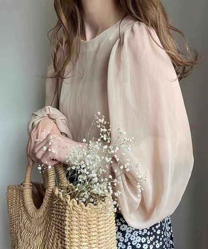 シアーブラウス バルーンスリーブ ブラウス Tシャツ Uネック 透ける 可?い ゆったり Tシャツ レディース 体型カバー 着痩せ 2