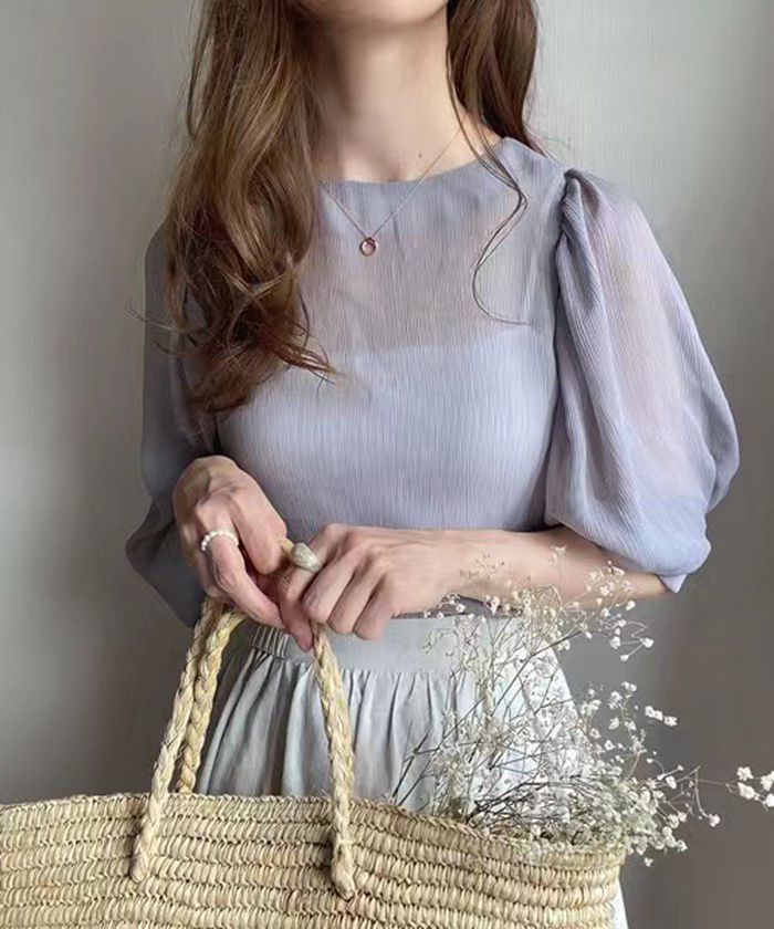 シアーブラウス バルーンスリーブ ブラウス Tシャツ Uネック 透ける 可?い ゆったり Tシャツ レディース 体型カバー 着痩せ 3