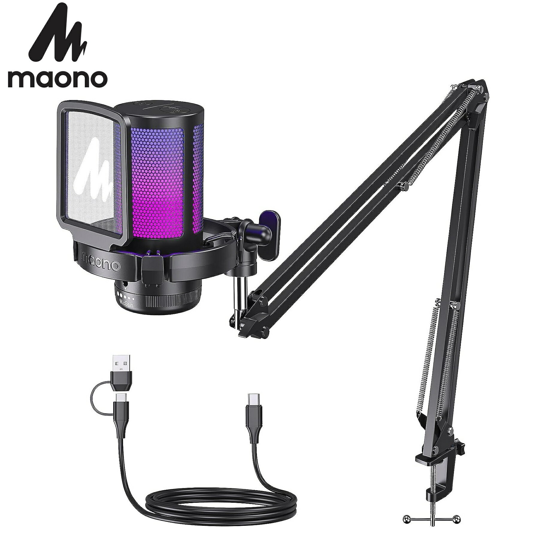 MAONO USB コンデンサーマイク ゲーミングマイク PC マイクセット ノイズキャンセリング ミュートボタン 単一指向性 RGBライティング ゲーム実況 ライブ配信 ポットキャスト ストリーミング Zoom Windows/Mac/PS4/5 白 黒 ブラック ホワイト DGM20S