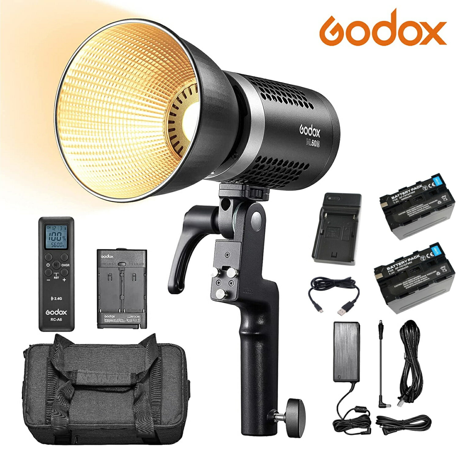 正規代理店品 Godox ML60bi リモコン付＋バッテリー2個 ＋充電器付き 手持ち式LEDビデオライト バイカラー 60W 軽量 色温度2800K-6500K 撮影補助光 CRI96 TLCI97 16グループ32チャネル99ID 7種FX照明効果