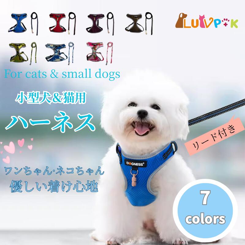 乐天商城 - 【店内全品クーポン対象】小型犬 ハーネス リード付きセット メッシュ素材 通気性 快適設計 軽量 やさしい着け心地 お出かけ 着脱簡単 調節可能 ソフト胴輪 犬 猫兼用 ペット用ハーネス かわいいデザイン 7色展開 室内外OK 首輪代わりに リード付きハーネスセット 送料無料