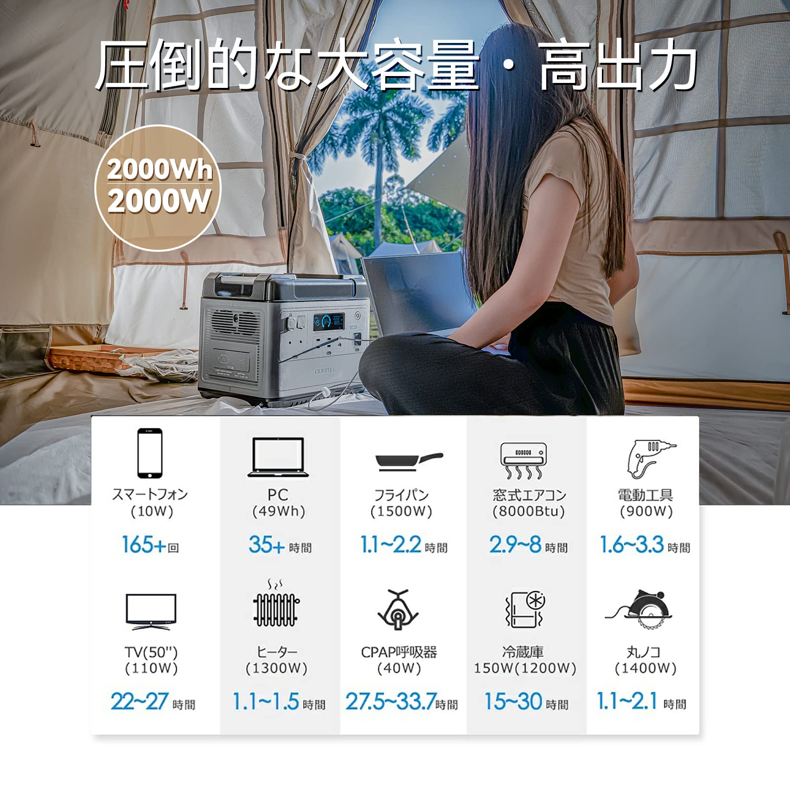ポータブル電源 大容量 2000Wh 1.5時間高速充電 16口リン酸鉄リチウム電池採用 350...