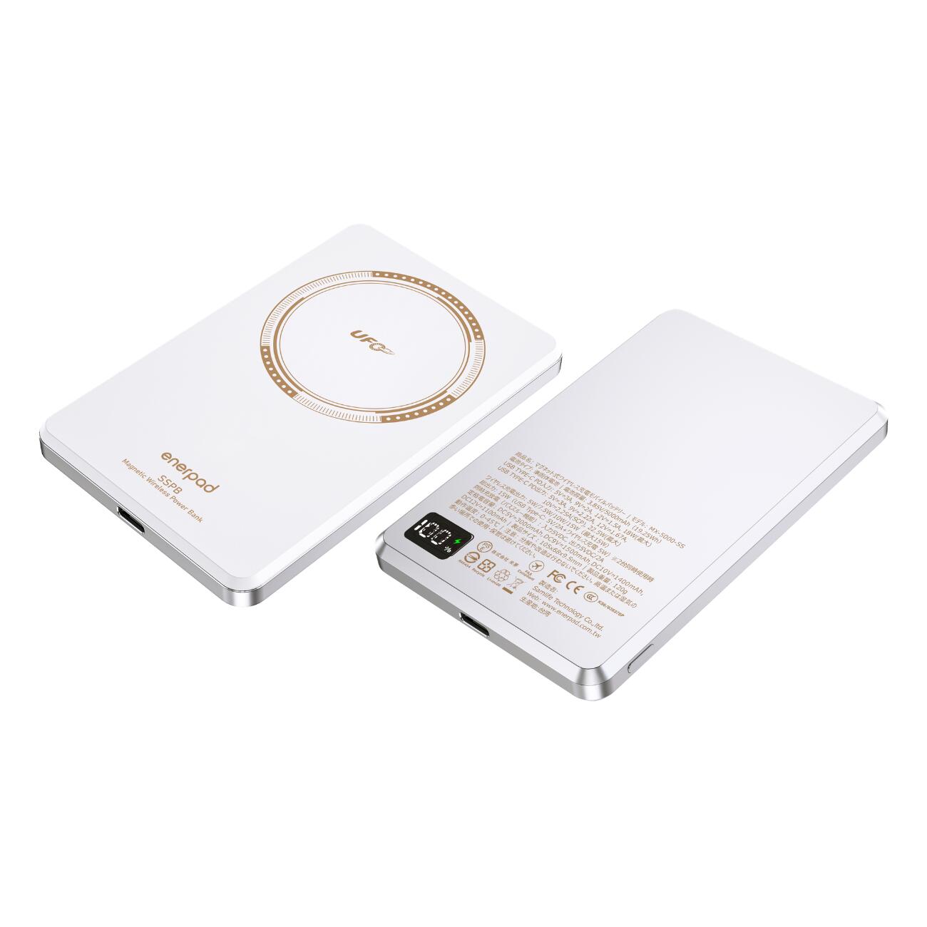 JAN/UPC/EAN/INSTORE:4710577611047メーカー型番:MX-5000-W●準固体電池(SSPB)を採用したマグネット式ワイヤレス充電対応モバイルバッテリー●従来のリチウムイオン電池と比較して安全性向上を目指した次世代バッテリーを搭載●マグネットで対応機器へ簡単に装着でき、ワイヤレス充電に対応●日本PSE適合、台湾BSMI認証取得　台湾国内で設計・製造・品質管理を行った5000mAhモデル 【他カラーのご用意もあります】 ブラック5000mAhモデル ローズゴールド5000mAhモデル 【10000mAhモデルのご用意もあります】 ブラック10000mAhモデル ホワイト10000mAhモデル ローズゴールド1000mAhモデル