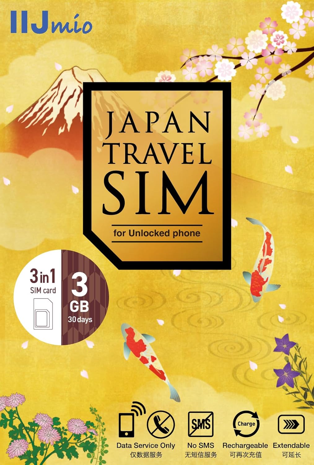 IIJ Japan Travel SIM for unlocked phone 3GB(Type I) プリペイドSIMカード 日本全国利用OK SIMカード 4G/LTE対応 nano/micro/標準SIMマルチ対応 IM-B364