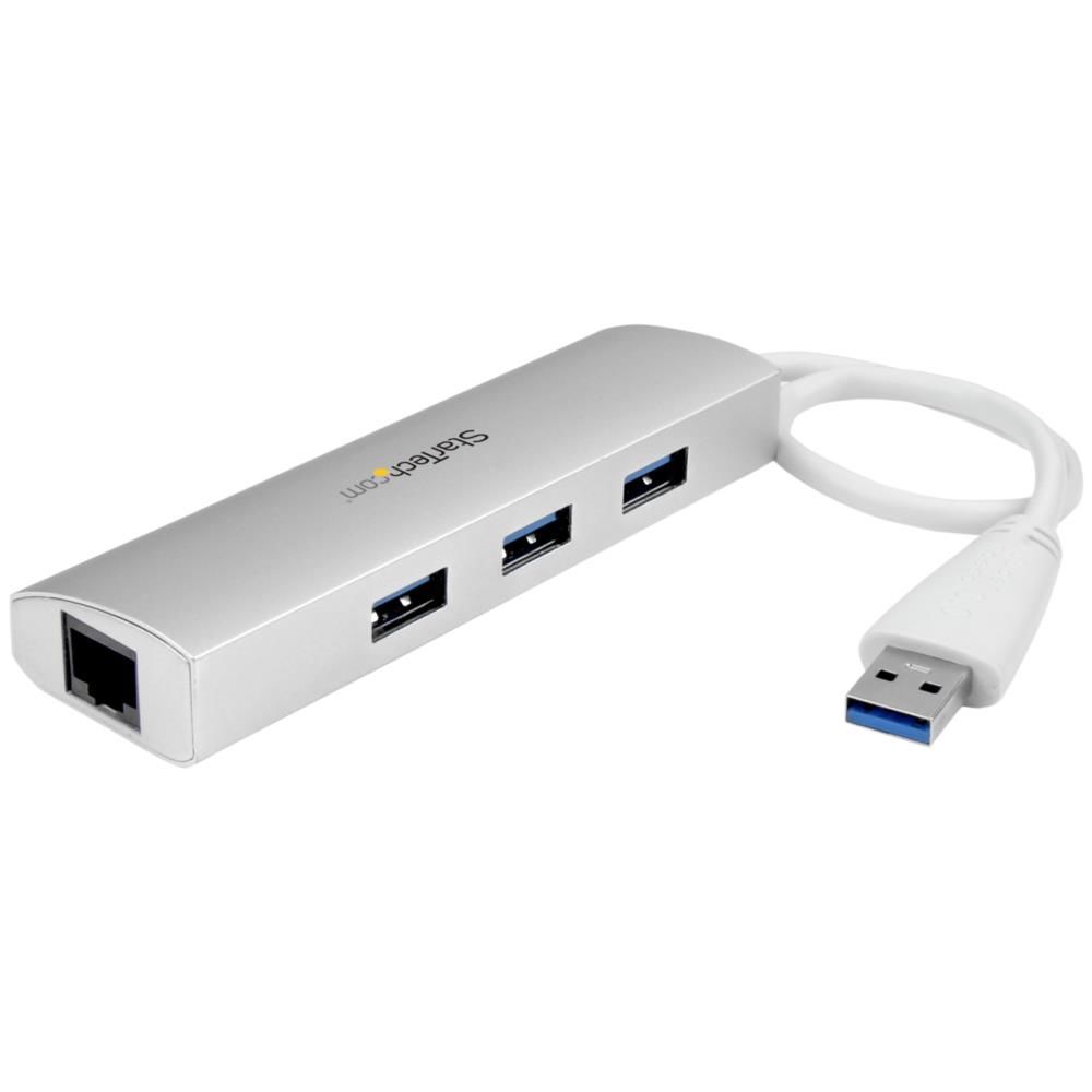 3ポート ポータブル USB 3.0ハブ (ギガビットイーサネット対応LANアダプタ内蔵) シルバー&ホワイト アルミケース ST3300G3UA