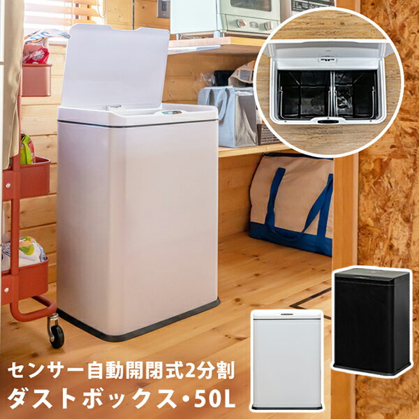 送料無料 センサー自動開閉式 2分別 ダストボックス 50L ゴミ箱 くず入れ ふた付き キッチン リビング おしゃれ スリム シンプル 高級感