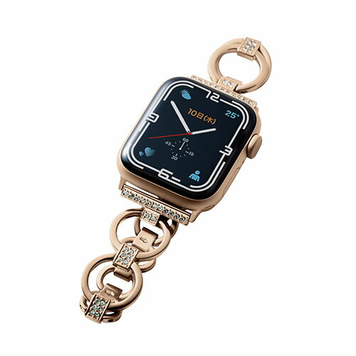 細い輪のチェーンにラインストーンが埋め込まれ、きらびやかなブレスレットのようなデザインのApple Watch Series 7 [41mm]、Apple Watch SE、Series 6、5、4 [40mm]、Apple Watch Series 3、2、1 [38mm]用ステンレスチェーンバンドです。■輪がつながっているようなデザインにラインストーンをあしらったApple Watch Series 7 [41mm]、Apple Watch SE、Series 6、5、4 [40mm]、Apple Watch Series 3、2、1 [38mm]用ステンレスチェーンバンドです。 ■バンドの各部分にラインストーンを埋めこみ、ゴールドのステンレスが、手首をラグジュアリーに彩ります。 ■細身のチェーンでブレスレットのようなエレガントさがあり、結婚式やパーティなどのフォーマルシーンにも使えます。 ■ステンレスバンドは水や汗に強く長い年月で使用することができます。 ■Apple Watch本体カラーとマッチする、ゴールドです。 ■Apple Watchとバンドを接続するラグ部分は外側からネジが見えず外れにくいオリジナル形状です。 ■留め具は、バンド中央にあるバックルを使い取り外しを行います。 ■バンドをApple Watchに装着したままで液晶画面の確認、本体の操作、各種ボタン操作、純正の磁気充電ケーブルへの設置が可能です。 ■バンドの長さを調整するための調整工具付きです。■対応機種:Apple Watch Series 7 [41mm]、Apple Watch SE、Series 6、5、4 [40mm]、Apple Watch Series 3、2、1 [38mm] ■セット内容:バンド×1、調整工具×1 ■材質:バンド本体:ステンレススチール、ガラス ■カラー:ゴールド ■バンドサイズ:約140〜190mm ※装着可能な手首のサイズ