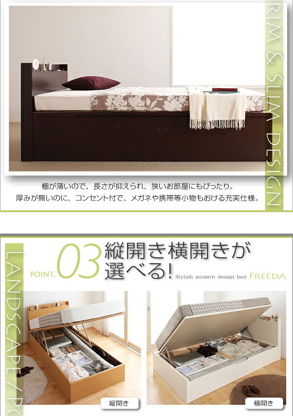 【送料無料】 組み立て サービス付き 国産跳ね上げ式収納ベッド グランド セミシングル 横開き 薄型抗菌国産ポケットコイルマットレス付き フリーダ セミシングルベッド 日本製フレーム マットレス付き 大容量 収納付きベッド コンセント 木製 セミシングルサイズ [3]