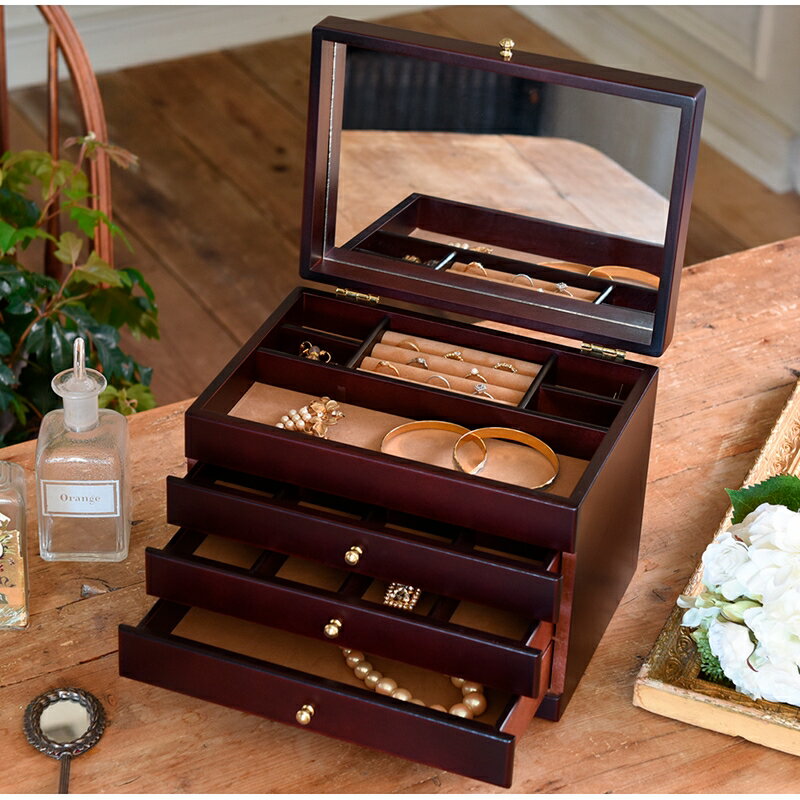 【まとめ買い10セット】日本製 木製ジュエルケース（3ツ引）アクセサリーケース アクセサリーボックス アクセサリー収納 引き出し 木製 大人 ブラウン 贈り物 誕生日 プレゼント ギフト