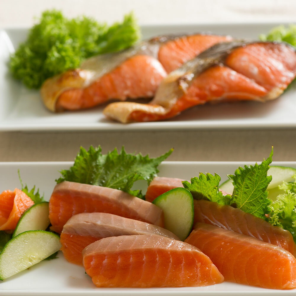 サーモンピンクの上品な色目を持つ紅鮭を1切れづつ小分けしています。お刺身サーモンは大変脂ののりがよくそのままでもまたお刺身や手巻き寿司・海鮮丼にも最適です。■配送不可地域：北海道・沖縄・離島は配送不可■温度帯：冷凍■原材料名／食品添加物：●紅鮭切身：紅鮭(ロシア産)、食塩／酸化防止剤、(ビタミンC)、(一部にさけを含む)●刺身サーモン：サーモントラウト(チリ産・養殖)、(一部にさけを含む)■保存方法：-15°C以下に保存してください■賞味期限：出荷日より60日■規格：紅鮭70g×5切、お刺身サーモン100g×2切■サイズ(mm)：290×210×35