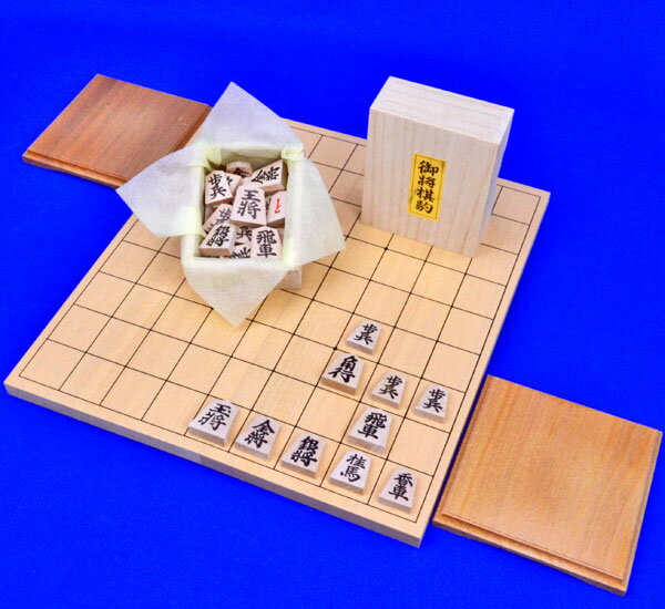 将棋セット　新桂5号折将棋盤セット(木製将棋駒アオカ押し駒・駒台)