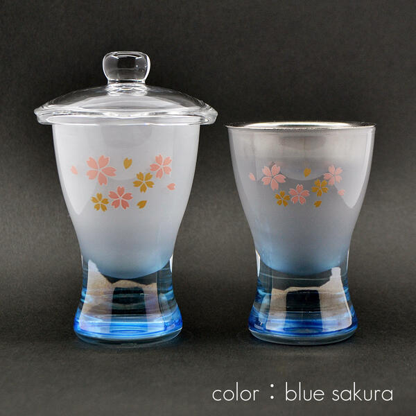 ガラス仏茶器セット 080 さくら模様入りブルー×ホワイト 創価学会用仏具 ご飯入れ お水入れ 茶碗 SGI S..