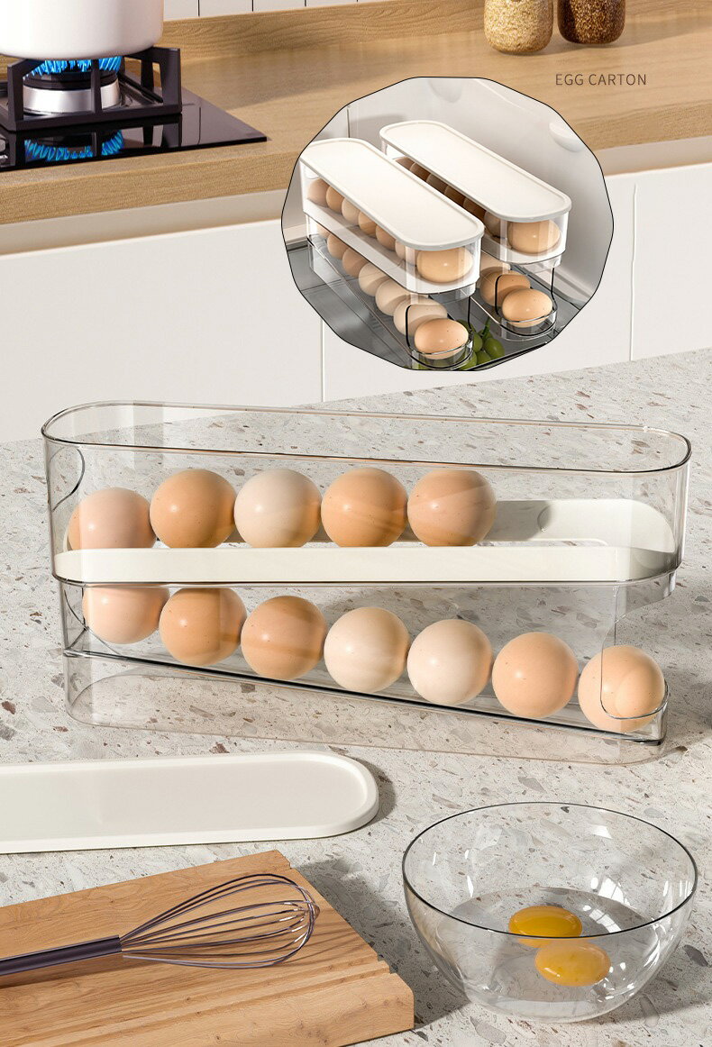 冷蔵庫用卵ケース、2段式、14個収納、透明プラスチック製、30.3cm x 14.2cm x 8.5cm