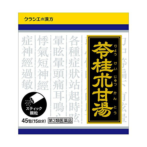 Kracie リョウケイジュツカントウ　「クラシエ」漢方苓桂朮甘湯エキス顆粒●「苓桂朮甘湯」は、漢方の古典といわれる中国の医書「傷寒論（ショウカンロン）」や「金匱要略（キンキヨウリャク）」に収載され、水毒によっておこる諸症状の治療に用いる代表的な薬方です。漢方では、胃内停水で過剰な水分があったり、尿量が少なく体液の調節がうまくいかず、体内の水分の偏在、代謝異常の症状を水毒といい、この水毒が神経症や頭痛、ふらつき、めまい、息切れ、動悸などをおこす大きな原因の一つと考えています。●めまい、ふらつきがあり、ときにのぼせや動悸がある方の、神経症、めまい、動悸、息切れ、頭痛に効果があります。＜効能＞体力中等度以下で、めまい、ふらつきがあり、ときにのぼせや動悸があるものの次の諸症：立ちくらみ、めまい、頭痛、耳鳴り、動悸、息切れ、神経症、神経過敏＜用法・用量＞1日3回食前又は食間に水又は白湯にて服用。成人（15才以上）・・・1包15才未満7才以上・・・2／3包7才未満4才以上・・・1／2包4才未満2才以上・・・1／3包2才未満・・・1／4包＜成分＞成人1日の服用量3包（1包1.0g）中苓桂朮甘湯エキス（1／2量）・・・800mg（ブクリョウ3.0g、ケイヒ2.0g、ビャクジュツ1.5g、カンゾウ1.0gより抽出。）添加物として、ヒドロキシプロピルセルロース、乳糖を含有する。リスク区分：第2類医薬品使用期限：使用期限まで一年以上の商品をお送りします。販売名「クラシエ」漢方苓桂朮甘湯エキス顆粒内容量45包区分医薬品発売元クラシエ 薬品株式会社製造販売元クラシエ株式会社広告文責昭和薬品株式会社連絡先電話番号 03-3254-4425薬剤師冬賀 育子※モニターの設定や部屋の照明等により実際の商品と色味が異なる場合がございます。※パッケージデザイン等は予告なく変更されることがあります。JANコード 4987045043116