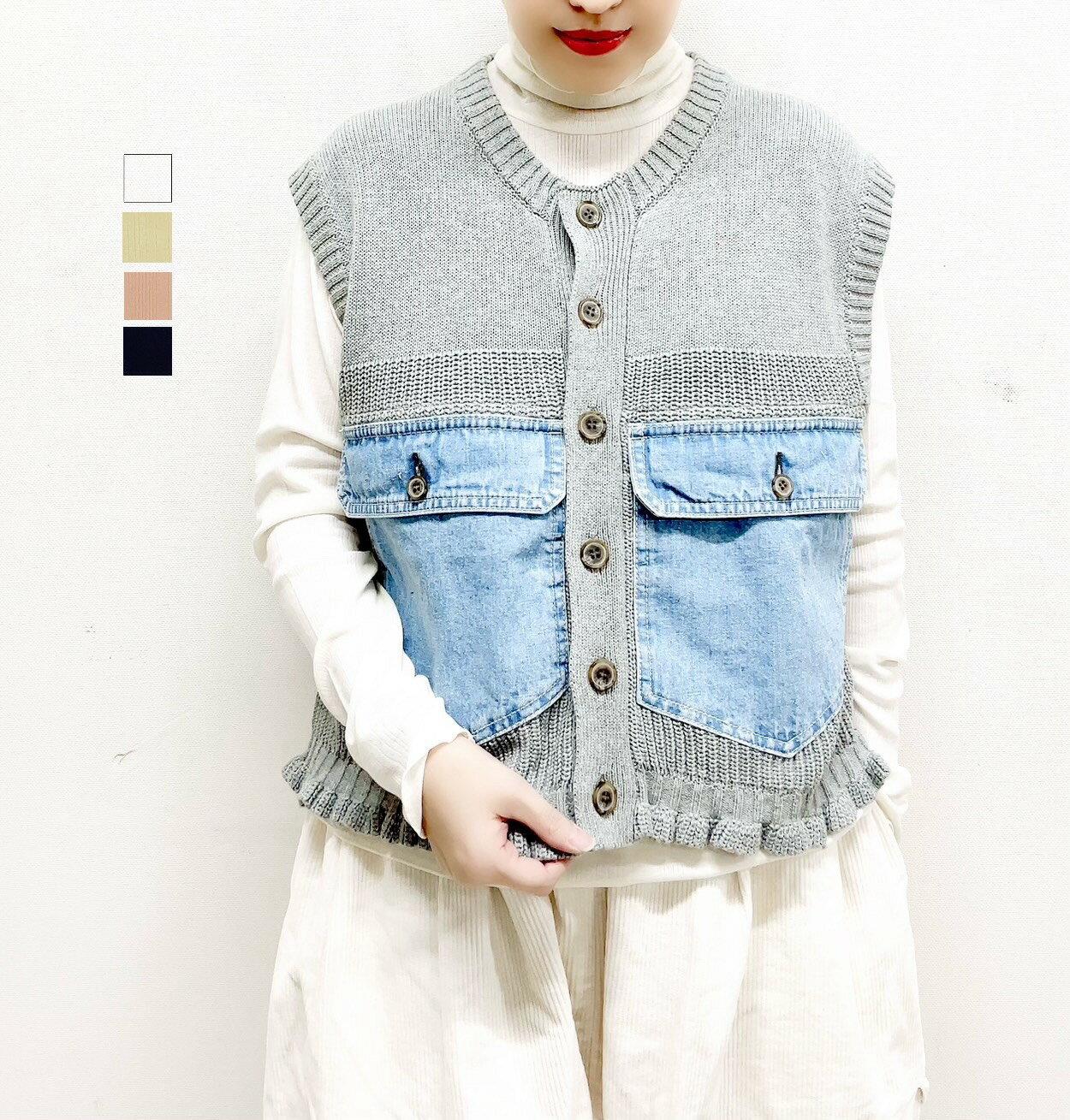 【tumugu】スフレランダムテレコタートルネック長袖 / TC25416