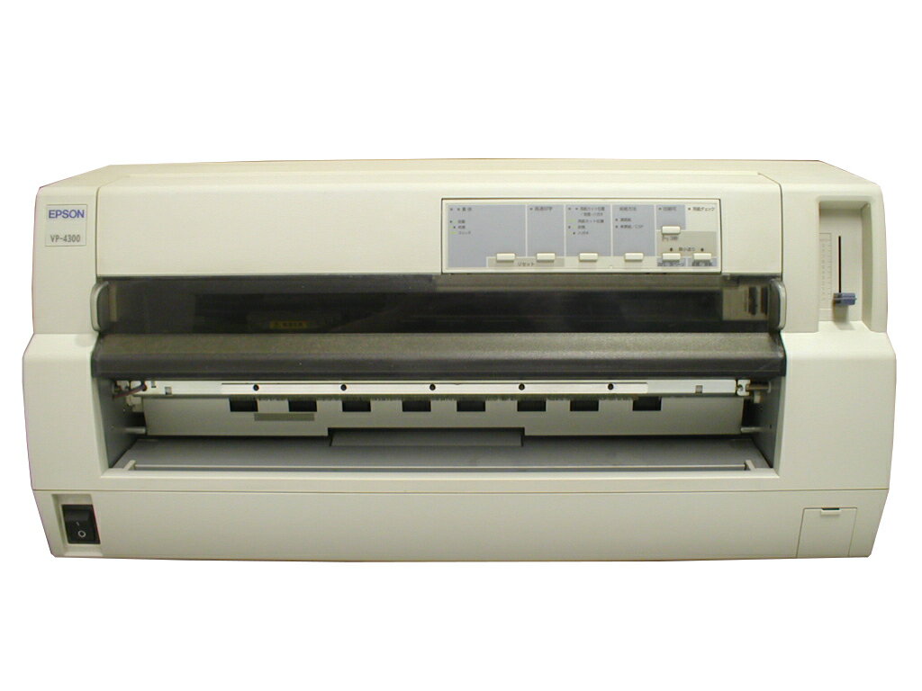 VP-4300 EPSON ドットプリンタ USB対応 LANインターフェイスカード付 詳細 中古品、動作確認済みです。 インターフェイスはUSB/パラレル/LAN LANインターフェイスカード装着済み。インクリボンは付属しませんのでご用意下さい。 給紙トレイはありません。連続用紙をご利用の際は必要ありません。画像はイメージです。 中古商材につき経年劣化・日焼けによる黄ばみがございます。 仕様 印字方式：インパクトドットマトリクスプリンター ピン配列/解像度：24ピン(12ピン×2列)×2組/180dpi 用紙送り方式フリクションフィード(フロント、CSF) 紙幅可変プッシュトラクターフィード(リア) 複写枚数： 8枚（オリジナル+7枚） インターフェース：IEEE1284(Nibbleモード)規格準拠 双方向パラレルI/F、100BASE-TX、10BASE-T対応マルチプロトコルEthernet I/F、USB I/F 外形寸法： (W×D×H)mm 660mm×441mm×276mm(操作ノブ・用紙ガイド含む) 質量： 約18.1kg 対応OS： Windows 7(32、64bit版)/Vista(32、64bit版)/XP、XP x64 Edition/2000/Me/98/95/NT/3.1 Windows Server 2008、2008 R2/Server 2003、Server 2003 x64 Edition/漢字Talk 付属品 電源ケーブル EPSON エプソン ドットプリンターEPSON エプソン ドットプリンター