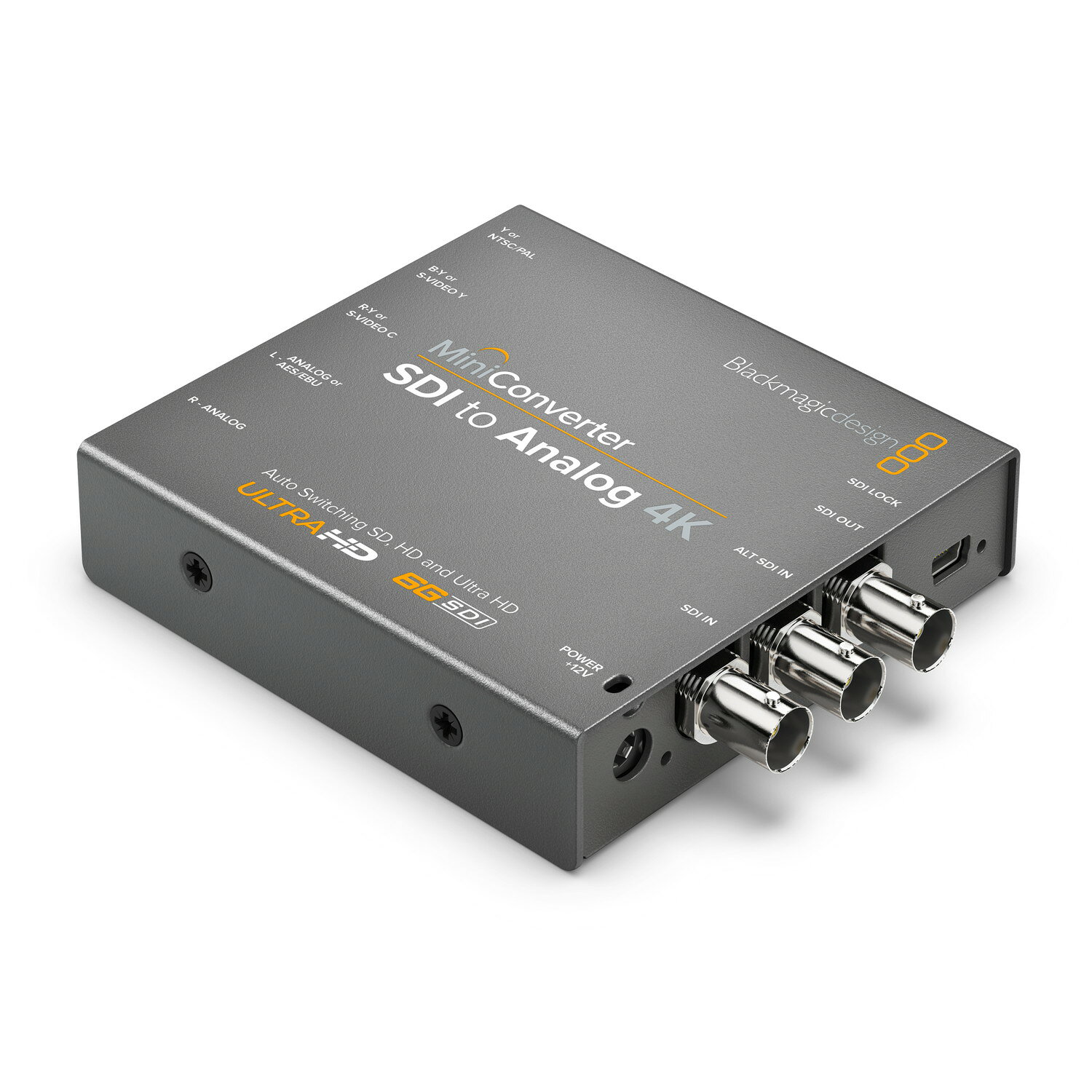 ■ 特長 SD、HD、3G、6G-SDIビデオから、アナログのHD/SDコンポーネント、NTSC、PALビデオへの変換に必要なすべての機能を搭載したコンバーターです。 ダウンコンバーターが内蔵されているため、4K Ultra HDソースをSD/HDコンポーネントビデオやNTSC/PALビデオに接続できます。 【3G-SDI Level A/Bへの対応】 Level B のみに対応 ■ 仕様 【接続】 SDIビデオ入力 SD/HD/6G-SDIで切替可能 SDIビデオ出力 SD/HD/6G-SDIビデオ入力を自動マッチング アナログビデオ 6G-SDI入力からのNTSC、PAL、Sビデオ、コンポーネントSD/HD アナログオーディオ 2チャンネルのプロフェッショナルバランスアナログオーディオ(標準1/4インチジャック端子) AES/EBUデジタルオーディオ 2チャンネルのプロフェッショナルバランスデジタルオーディオ(標準1/4インチジャック端子) SDIリダンダント入力 メインのSDI入力が消失した場合、自動的に切替 対応マルチレート SD/HD/6G-SDIの自動検出 アップデートおよびコンフィギュレーション USB リクロッキング 対応 【フォーマット】 対応SDフォーマット 525/23.98 NTSC、525/29.97 NTSC. 625/25 PAL 対応HDフォーマット 720p50、720p59.94、720p60、1080i50、1080i59.94、1080i60、 1080p23.98、1080PsF23.98、1080p24、1080PsF24、1080p25、 1080PsF25、1080p29.97、1080PsF29.97、1080p30、 1080PsF30、1080p50、1080p59.94、1080p60 対応2Kフォーマット 2048 x 1080PsF23.98、2048 x 1080p23.98、2048 x 1080PsF24、 2048 x 1080p24、2048 x 1080PsF25、2048 x 1080p25 対応4Kフォーマット 3840 x 2160p23.98、3840 x 2160p24、3840 x 2160p25、 3840 x 2160p29.97、3840 x 2160p30、4096 x 2160p24 SDI規格 SMPTE 292M、SMPTE 259M、SMPTE 296M、SMPTE 372M、SMPTE 424M-B、 SMPTE 425M、SMPTE ST-2081、ITU-R BT.656、ITU-R BT.601 SDIビデオレート SDIビデオインターフェースは、SD/HD/Ultra HD/DCI 4K間で切換可能 SDIビデオサンプリング 4:2:2 SDIオーディオサンプリング テレビ標準サンプルレート(48kHz/24bit) SDI色精度 10-bit SDIカラースペース YUV SDI自動切替 SD/HD/6G-SDIを自動検出 アナログカラースペース YUV アナログ色精度 4:2:2 対応SDIフォーマット 625/25 PAL、525/29.97 NTSC、525/23.98 NTSC、720p50、720p60、 720p59.94、1080i50、1080i59.94、1080i60、1080PsF23.98、1080Ps24、 1080PsF25、1080PsF29.97、1080PsF30、1080p23.98、1080p24、1080p25、 1080p29.97、1080p30、1080p50、1080p59.94、1080p60、2048 x 1080PsF23.98、 2048 x 1080p23.98、2048 x 1080PsF24、2048 x 1080p24、2048 x 1080PsF25、 2048 x 1080p25、3840 x 2160p23.98、3840 x 2160p24、3840 x 2160p25、 3840 x 2160p29.97、3840 x 2160p30、4096 x 2160p24 対応アナログフォーマット 625/25 PAL、525/23.98 NTSC、525/29.97 NTSC. 720p50、720p59.94、 720p60、1080i50、1080i59.94、1080i60、1080p23.98、1080p24、 1080p25、1080p29.97、1080p30, 1080p50, 1080p59.94, 1080p60. 【フォーマット・コンバージョン】 対応SDフォーマット 525/29.97 NTSC、625/25 PAL 対応HDフォーマット 720p50、720p59.94、720p60、1080i50、1080i59.94、1080i60、1080p23.98、1080PsF23.98、1080p24、1080PsF24、1080p25、1080PsF25、1080p29.97、1080PsF29.97、1080p30、1080PsF30 対応2Kフォーマット 2048x1080PsF23.98、2048x1080p23.98、2048x1080PsF24、2048x1080p24、2048x1080PsF25、2048x1080p25 対応4Kフォーマット 3840x2160p23.98、3840x2160p24、3840x2160p25、3840x2160p29.97、3840x2160p30、4096x2160p24 SDI規格 SMPTE 292M、SMPTE 259M、SMPTE 296M、ITU-R BT.656、ITU-R BT.601 SDIビデオレート SDIビデオインターフェースは、SD/HDで切替可能。 SDIビデオサンプリング 4:2:2 SDIオーディオサンプリング テレビ標準サンプルレート(48kHz/24bit) SDI色精度 10-bit SDIカラースペース YUV SDI自動切替 SD/HD/3G-SDIを自動選択 対応SDIフォーマット 625/25 PAL、525/29.97 NTSC、525/23.98 NTSC、720p50、720p60、720p59.94、1080i50、1080i59.94、1080i60、1080PsF23.98、1080Ps24、1080PsF25、1080PsF29.97、1080PsF30、1080p23.98、1080p24、1080p25、1080p29.97、1080p30、1080p50、1080p59.94、1080p60、2048x1080PsF23.98、2048x1080p23.98、2048x1080PsF24、2048x1080p24、2048x1080PsF25、2048x1080p25、3840x2160p23.98、3840x2160p24、3840x2160p25、3840x2160p29.97、3840x2160p30、4096x2160p24 対応アナログフォーマット 625/25 PAL、525/29.97 NTSC、720p50、720p59.94、720p60、1080i50、1080i59.94、1080i60、1080p23.98、1080PsF23.98、1080p24、1080PsF24、1080p25、1080PsF25、1080p29.97、1080PsF29.97、1080p30、1080PsF30 アナログカラースペース YUV アナログ色精度 4:2:2 【ソフトウェア】 ソフトウェアコントロール Mac OS XおよびWindowsソフトウェアはUSB経由でアップグレード 内蔵ソフトウェアアップグレード 同梱のアップデートアプリケーションを使用 オペレーティングシステム Mac OS X 10.10 Yosemite、 Mac OS X 10.11 El Capitan、またはそれ以降のバージョン。 Windows 8.1、Windows 10 設定コントロール ミニスイッチあるいはUSBソフトウェア 【電源条件】 電源 '12V国際対応電源。 世界各国で使用できるACアダプター同梱。 ケーブルタイポイント。 消費電力 8.04ワット 稼動電圧範囲 12 - 31V DC 【作動環境】 作動温度 0°-40°C(32°-104°F) 保管温度 -20°-45°C(-4°-113°F) 相対湿度 0%-90%(結露なし) 【保証】 3年限定メーカー保証