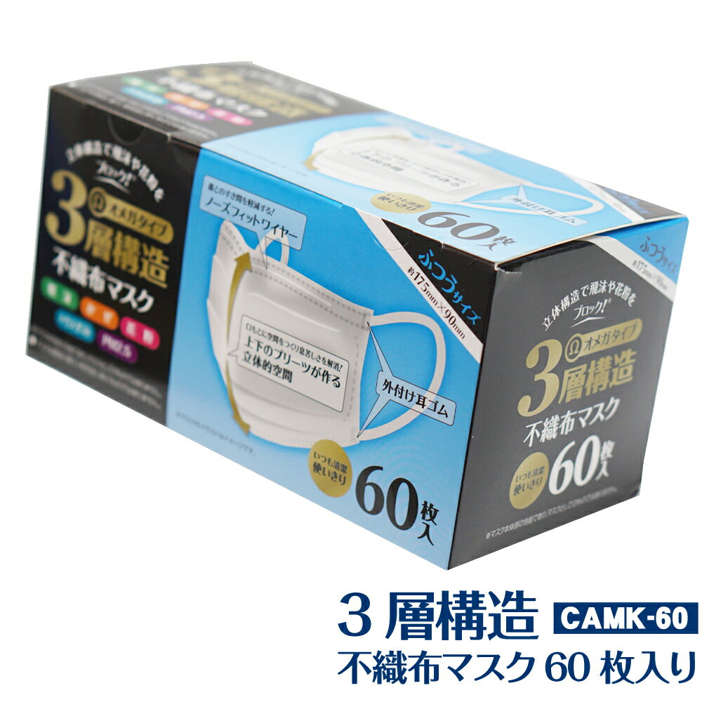 3層不織布マスク 2160枚入りふつうサイズ 約175×90mm(使い捨てマスク Ω Ωオメガタイプ 99％カット 3層構造プリーツマスク 三層構造 立体 ウイルス pm2.5 飛沫感染 対策 白 ホワイト ノーズフィットワイヤー入り 男女兼用)