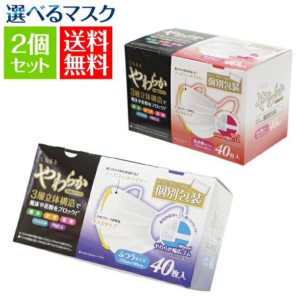 マスク選べる2個セット(個包装)【40枚×2個】 送料無料(沖縄除) くちもとやわらか 不織布 使い捨てマスク (ふつうサイズ 小さめサイズ Ωオメガタイプ 99％カット 3層構造 三層 立体 ウイルス pm2.5 飛沫感染 白 ホワイト ノーズフィットワイヤー入り 男女兼用)[syspo][T]