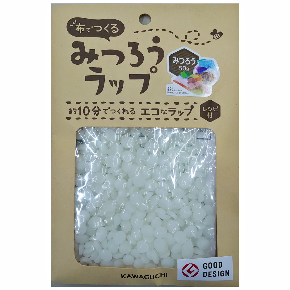 好きな布でサイズや形も自由に作れるみつろう50g みつろう（蜜蝋）は、みつばちの巣から採れる「ろう」のこと。 抗菌・保湿効果があります。 ＊セット内容 ●みつろう50g ※目安：みつろう約3gで布10×10cm程度 　…10×10cmサイズなら、約16枚 　…25×25cmサイズなら、約3枚のラップが作れます ●作り方レシピ おすすめ布地：平織コットン100％ ※オックスなどの厚地やダブルガーゼなどは避けてください。 ●メール便は、【代引き】【日時指定】 はお受けできません。