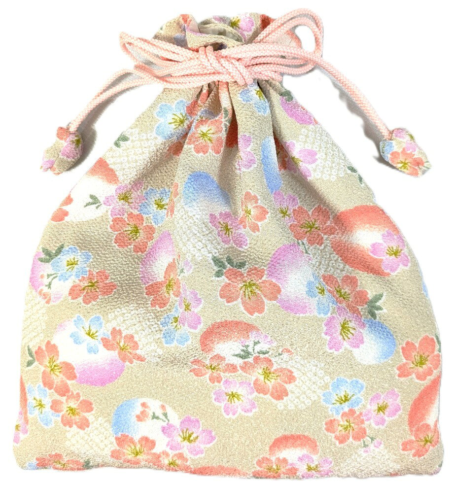 ちりめん平巾着（ベージュ丸桜）ちりめん 小物入れ　日本製 手作り 着物 浴衣 一点もの　御朱印帳入れ チューリップ型紐飾り モダン レトロ 大正ロマン【送料無料】