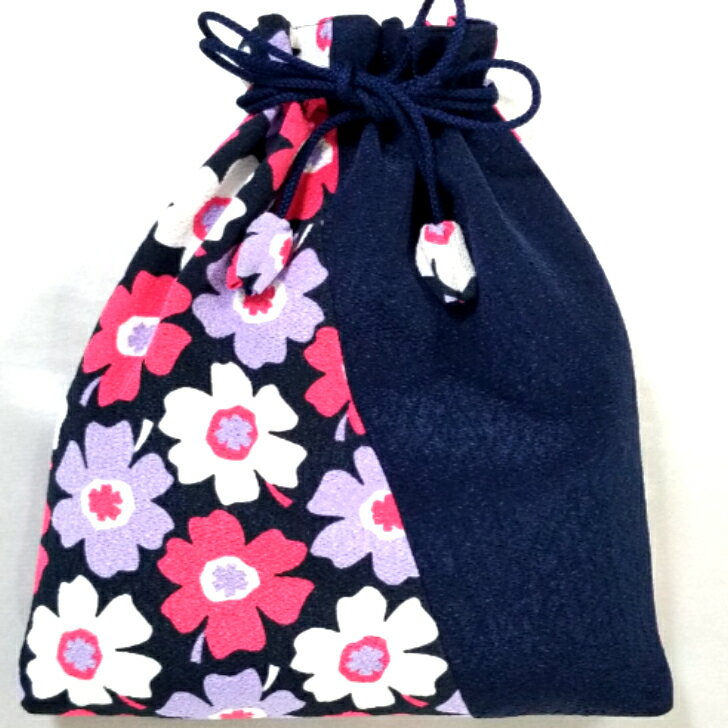 ちりめん平巾着（モダン花柄紺コンビ）ちりめん 小物入れ 日本製 手作り 着物 浴衣 一点もの 御朱印帳入れ チューリップ型紐飾り モダン レトロ 大正ロマン【送料無料】