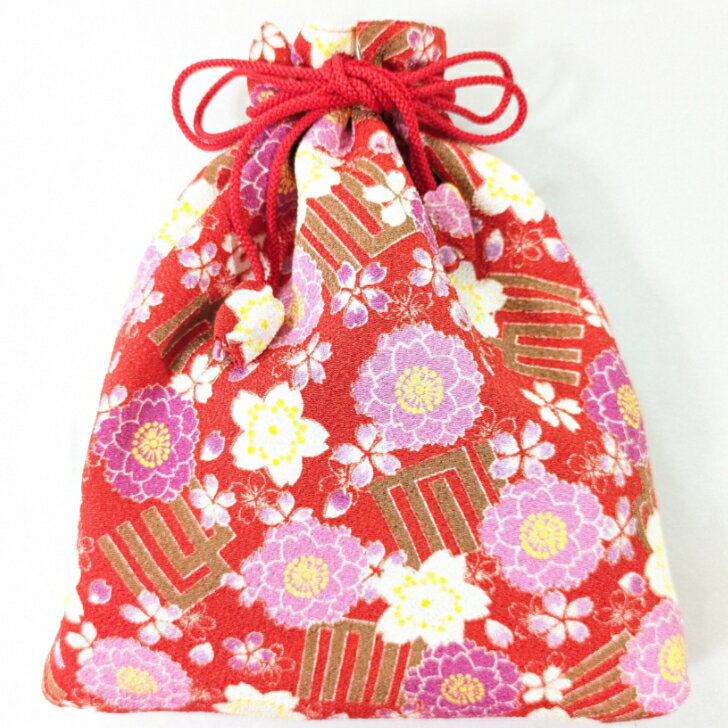 ちりめん平巾着（赤花鋼）ちりめん 小物入れ 日本製 手作り 着物 浴衣 一点もの 御朱印帳入れ チューリップ型紐飾り モダン レトロ 大正ロマン【送料無料】