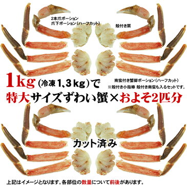 生ズワイ蟹（カット済み）冷凍状態で1.3kg！解凍でも1kg入り[冷凍]高品質カナダ産原料（特大サイズ）【送料無料】化粧箱入り 【カニしゃぶ・焼きガニに】ズワイガニ 蟹 かに お中元