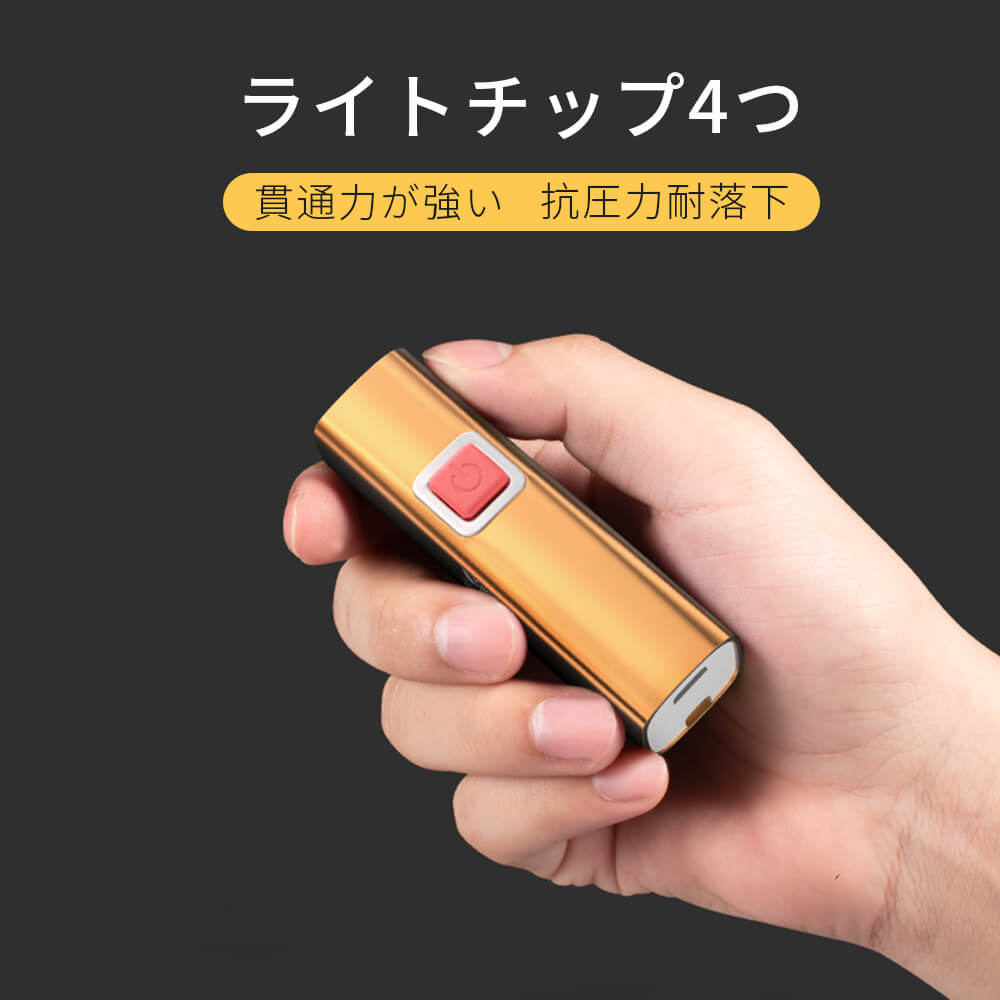 お買い物マラソン【P5倍】30°照明角度 アウトドア ミニ 高輝度 懐中電灯　ポータブル　USB充電 遠距離照射200m 8.8cm　4段階輝度調節 防水 アルミ合金 生活防水 ライトチップ4つ 3Hの超長い使用時間
